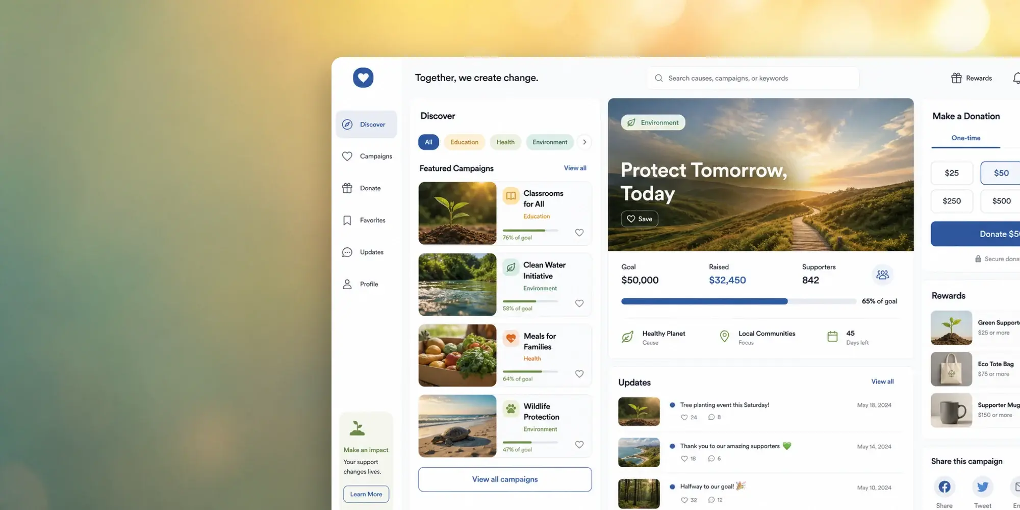SirGiving, a fundraising platform showing campaign discovery, a featured cause and a donation panel.