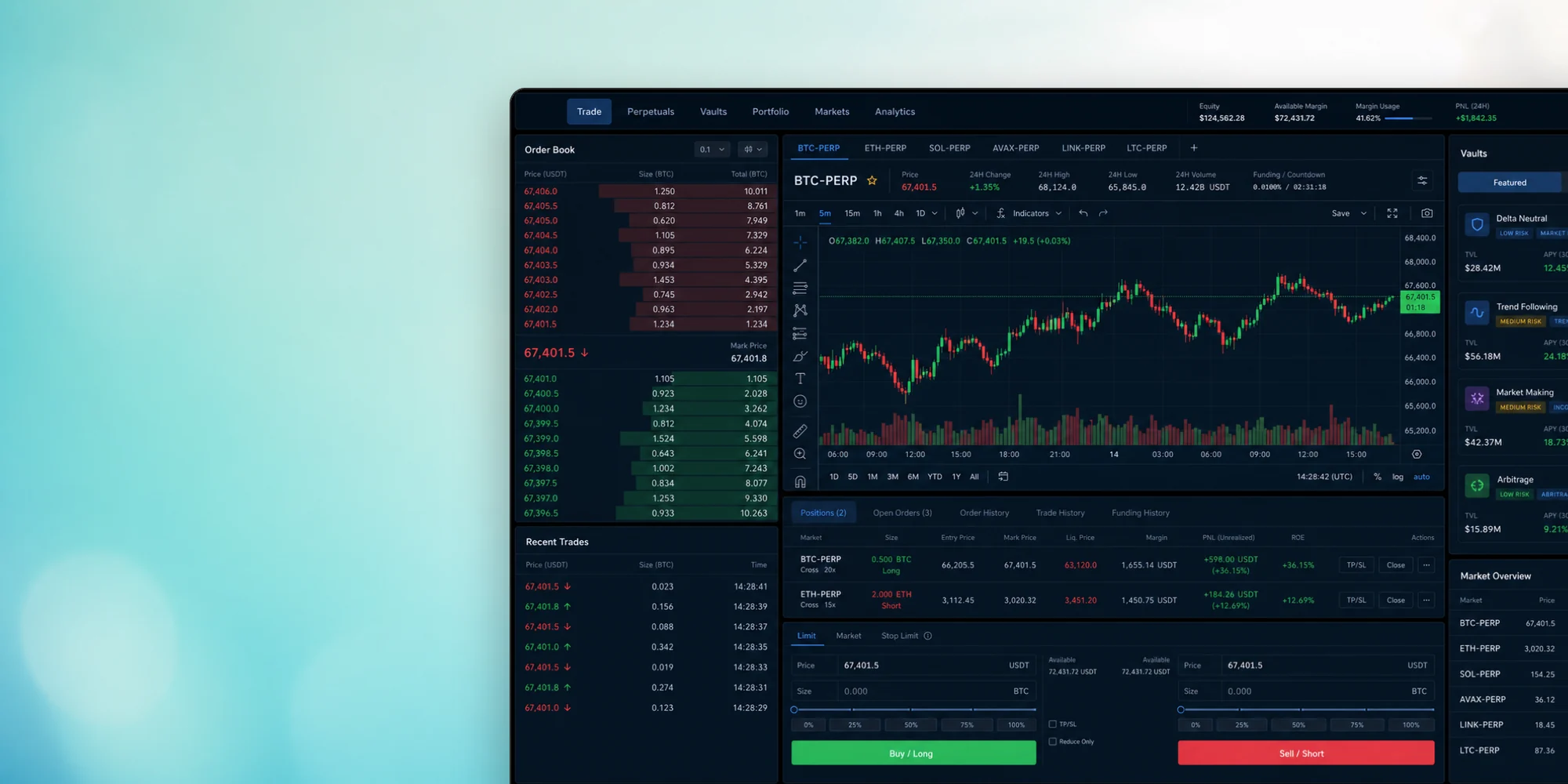 Clove.Trade, a trading exchange interface with an order book, candlestick chart, perpetuals and vaults.