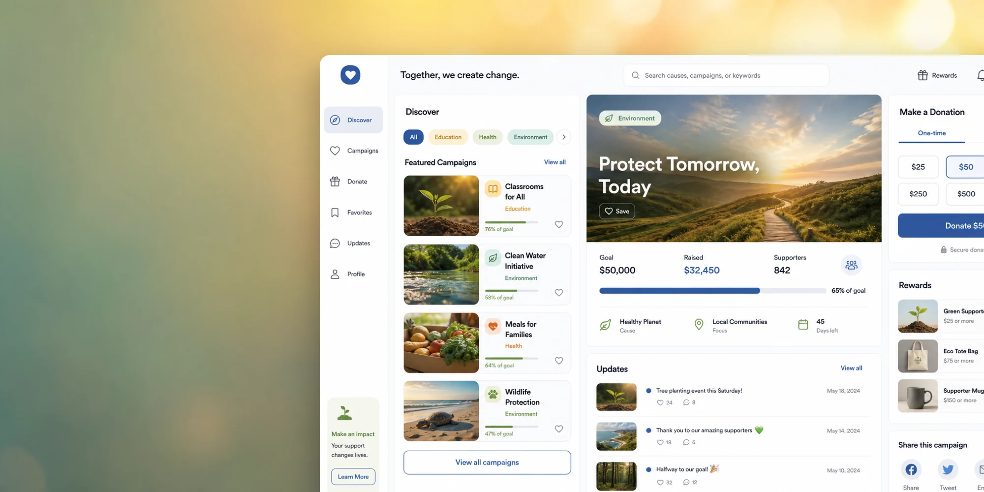 SirGiving, a fundraising platform showing campaign discovery, a featured cause and a donation panel.